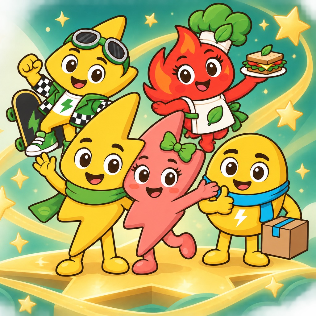 Zappy, Zaprina, Zapit and friends waving on a golden star